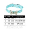 Light blue leather pet collar with rhinestone bow showing size chart from XS to XL - Size XXS (1.0x25cm) / Blue