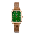 Detail of emerald green rectangular dial with rose gold mesh band and Roman numerals - Green