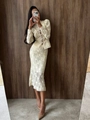 Two-piece crochet lace set featuring a long-sleeve crop jacket and midi fishtail skirt - S / Milky White