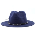 Detail of navy blue straw fedora hat featuring a beaded woven decorative band and wide brim - Navy Blue