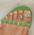 Yellow French press-on toe nails with floral patterns and gold turquoise toe ring - 1627-Yellow Small Flowers