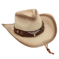 Detail of western straw cowboy hat featuring metal bull head on brown leather band - Beige Brown (Brown Bull)