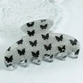 Silver glitter hair claw clip with black butterfly print made of premium resin - Silver (C3-4-23)