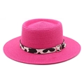 Detail of bright pink straw boater hat featuring a cow print ribbon and silver buckle - M (56-58cm) / Rose Red