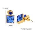 Detailed view of gold-plated square blue zircon earrings with size and weight metrics - Blue