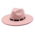 Detail of pink wool fedora hat with 9.5cm wide brim and studded black leather band - M (56-58cm) / Dusky Pink