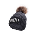 Dark grey knitted beanie with MINI embroidery and a brown faux fur pom-pom topper - Kids (2-6Y) / MINI Style / Black and Gray