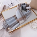 Australian wool plaid scarf with tassels in light blue and grey tones for winter warmth - 180cm / Light Blue