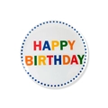 Detail of white Happy Birthday badge featuring colorful lettering and a polka dot border - Slate Gray