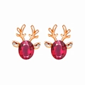 Christmas reindeer stud earrings with red oval crystal and rose gold antlers - Rose Gold-Purplish Red Crystal