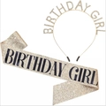 Glitter birthday girl sash and rhinestone tiara headband set for party celebration - Headband Sash Set / Gold Set