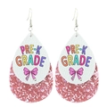 Tear drop layered earrings with pink glitter and Pre-K Grade print on white faux leather - Pre-K Grade