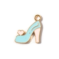 Light blue enamel high heel charm with pink heart detail and golden metal plating - Blue Hanging Plated