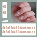 Pink almond press-on nails with white floral patterns and gold leaves, 30pcs set - W1593 Fresh Flowers (Glue Type)