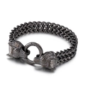 Mens fashion double wolf head braided chain bracelet in dark grey stainless steel finish - 22cm(KB150662-KJX) / Gunmetal