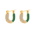 U-shaped gold earrings with green enamel and white zircon inlay on white background - Green