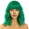 Short green wavy wig with bangs for women, synthetic cosplay bob hairstyle - Grass Green