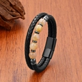 Men's woven black leather bracelet with natural tiger eye stone beads and magnetic clasp - 19cm / Tan/Black Magnetic Buckle