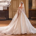 Luxury off-shoulder ball gown wedding dress with long sleeves and sequins in grand palace - White / US 2
