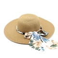 Detailed view of wide brim straw hat with floral ribbon bow and pearl string decoration - M (56-58cm) / Khaki