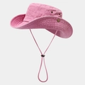 Detail of pink wide-brim sun hat featuring breathable metal eyelets and adjustable wind cord - One Size / Spliced Pink