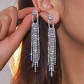 Elegant silver long tassel earrings with sparkling rhinestones for women shown on model - Silver Long Tassel Style (DTE1617002S)