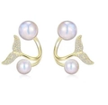 Detailed view of gold fishtail earrings featuring white pearls and shimmering crystals - Mermaid Tail Studs - Gold