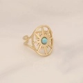 Golden stainless steel sunburst ring with turquoise stone on marble background - Turquoise Sun Ray Style (11#)