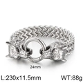 Detalle de pulsera de cabeza de lobo vikingo con cadena gruesa y medidas de tamaño - Color Acero