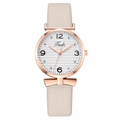 Fashionable rose gold women's watch with bow decor, rhinestone dial and beige leather strap - Beige