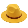 Detail of yellow wool fedora hat featuring a brown leather band and silver buckle - Yellow