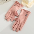 Gants d'hiver roses avec poignets à volants et boutons élégants à motif pied-de-poule - Bouton à Carreaux - Poil de Lapin Rose