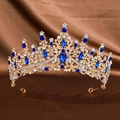 Golden Baroque bridal crown with deep blue rhinestones and sparkling crystals - Gold Royal Blue