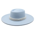 Close-up of light blue wool felt hat featuring elegant triple-row white pearl decorative band - Adult 57-59cm / Sky Blue