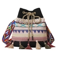 Ethnic style black bucket bag with embroidery, fringe charms, and colorful wide strap - Black