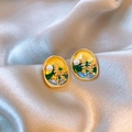 Detail of French vintage floral enamel earrings with pearls on soft silk background - Oval Enamel Yellow Green Blue Floral Gold Small Pearl (12#)