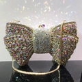 Sparkling rhinestone bow clutch bag with colorful crystals and gold chain strap - Gold AB