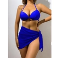 Three-piece royal blue halter bikini set with a matching mesh sarong beach skirt - S / Blue