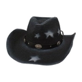 Black straw western cowboy hat with white star patterns and vintage metallic ornaments - Gradient Pentagram (CM0285) / Black