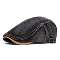 Béret en denim gris foncé avec surpiqûres contrastées et bordure en cuir marron - Noir 1