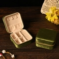 Portable dark green velvet jewelry box with ring slots and divider compartments - Velvet Army Green (No Mirror)