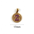 Golden round pendant with purple enamel letter Z and beaded edge design, 17mm size - Letter Z
