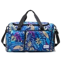 Bolso de viaje grande con estampado de hojas tropicales, asas dobles y correa de hombro - Azul