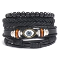 Set di 4 braccialetti in pelle nera con corda intrecciata, perline di legno e occhio greco - Set da 4 Pezzi Occhio del Diavolo Nero