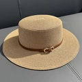 Flat top straw boater hat with a dark brown leather band and gold buckle detail - M (56-58cm) / Khaki