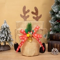 Christmas burlap reindeer gift bag with sequined antlers and bells for festive candies - Linen Reindeer Antler Style