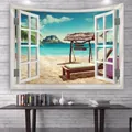 Detalle de tapiz con vista 3D de ventana y paisaje de playa en pared de ladrillos - 150x130cm / Estilo 1-Playa Bienvenida