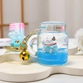 Maneki Neko liquid keychain featuring blue quicksand glitter and a cute floating cat - Lucky Cat with Strap (Blue)