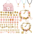 Pink DIY charm bracelet making kit for girls with beads and travel jewelry bag - Gold Pink