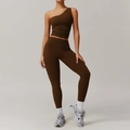 Two-piece chocolate brown one-shoulder yoga set with high-waisted leggings and side pocket - S / Birch Tea Brown (Tank+Pants)